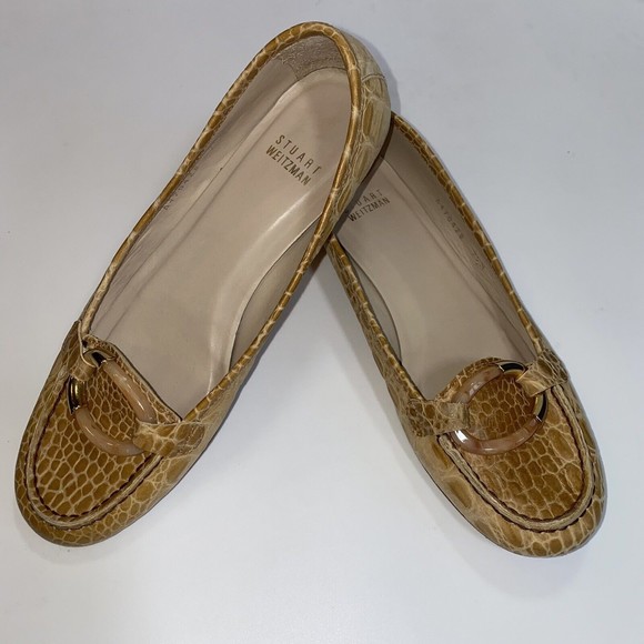 Stuart Weitzman Womens 7.5M Moc Loafers Flats Croc Leather Tortoise Oval Buckle - Picture 1 of 9